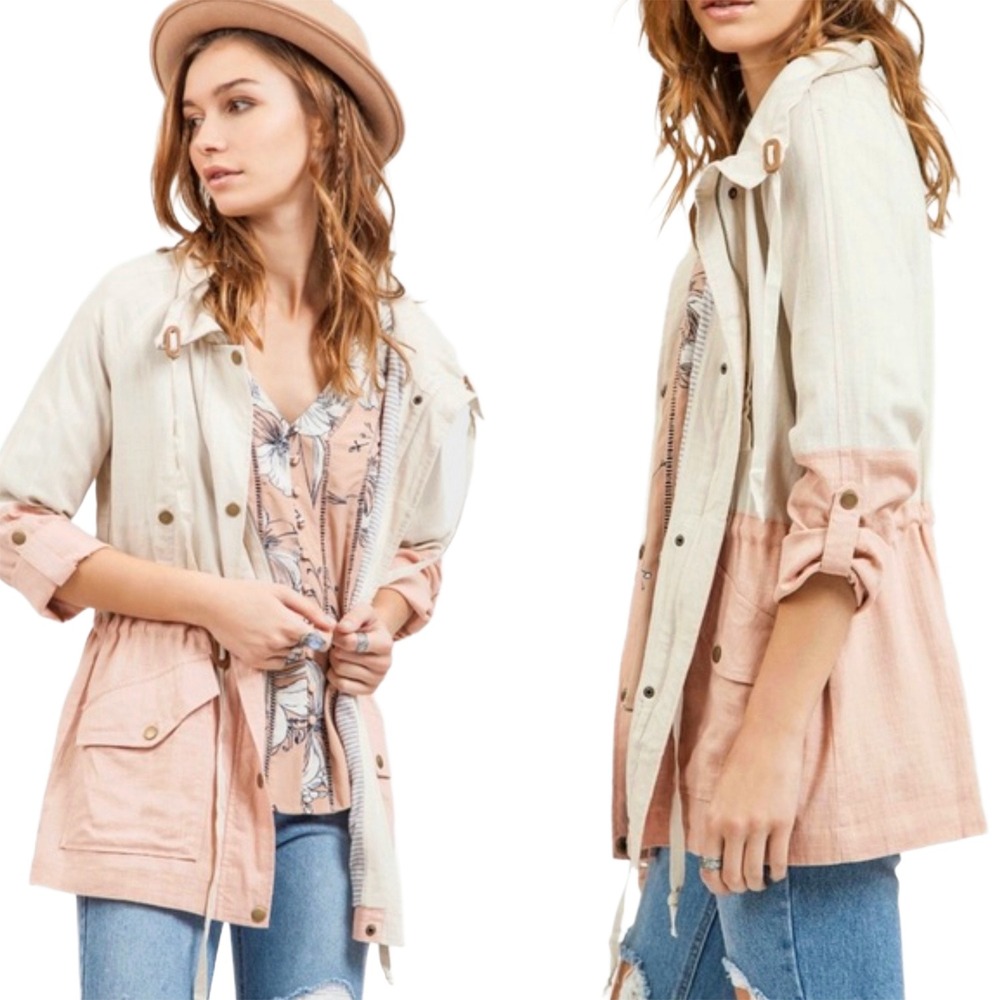 BLU PEPPER Women's Boho Linen Colorblock Utility Jacket • Large • pink, cream - Picture 2 of 10